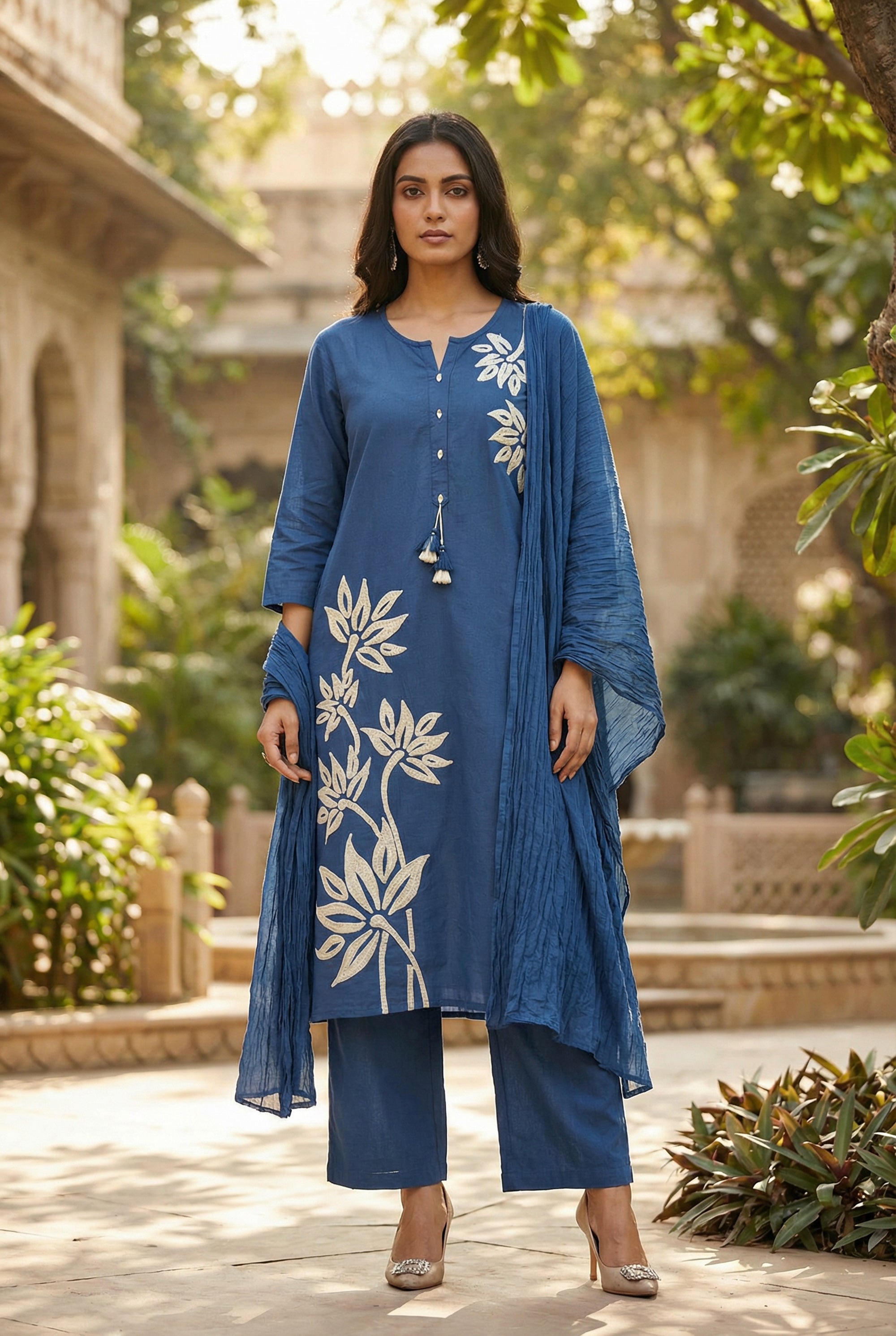 Blue Botanical Nature Leaf Embroidered Cotton Kurta Pant Set with Dupatta