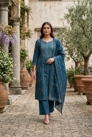 Teal Mughal Heritage Printed Cotton Kurta Set with Dupatta