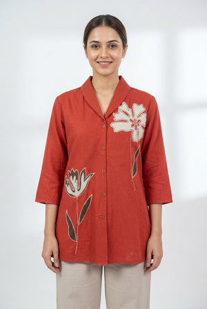 Rust Flower Embroidered Cotton Collar Neck Button-Down Casual Top