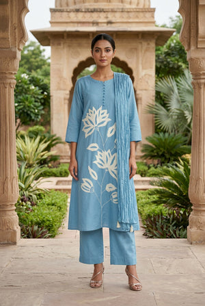 Blue Lotus Placement Embroidered Cotton Kurta Set with Dupatta