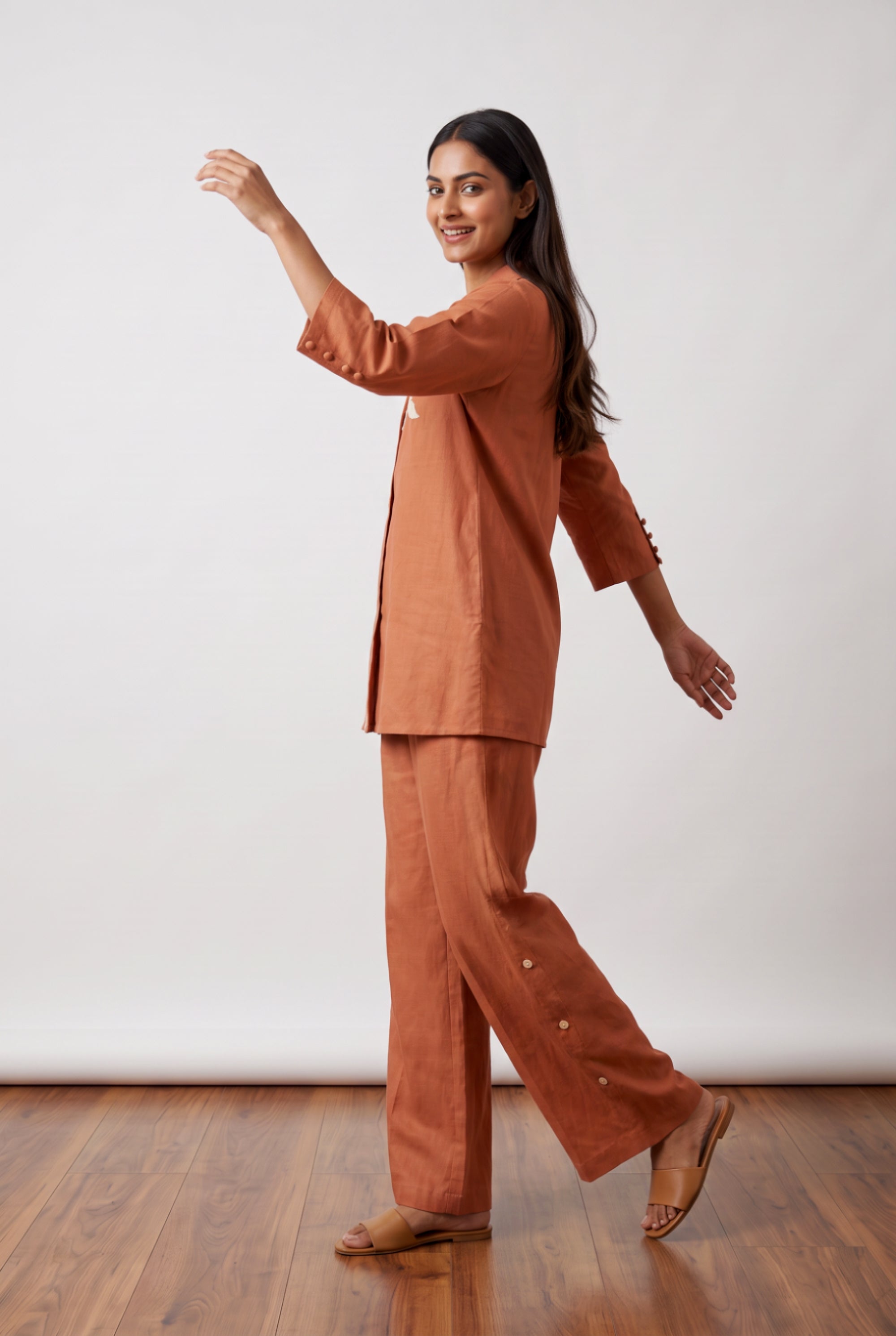 Peach Floral Embroidered Cotton Flex Co-ord Set with Collared Button-Down Shirt and Wide-Leg Palazzo Pants