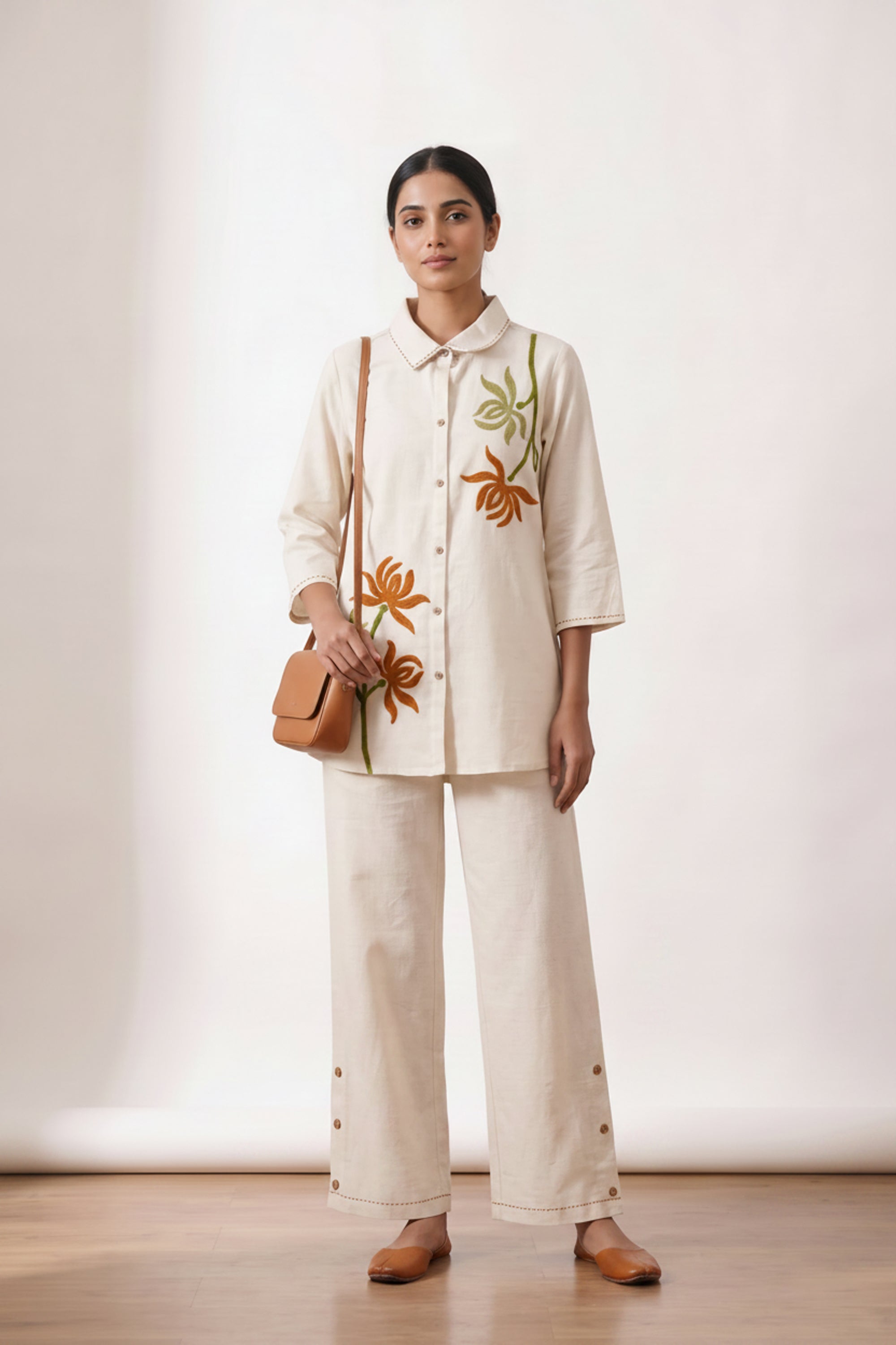 Off-White Floral Embroidered Cotton Flex Co-ord Set with Collared Button-Down Shirt and Wide-Leg Palazzo Pants