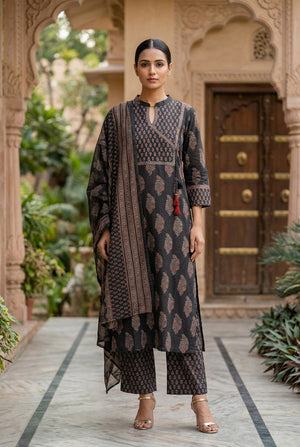 Black Ajrakh Inspired Printed Cotton Kurta Pant Dupatta Set