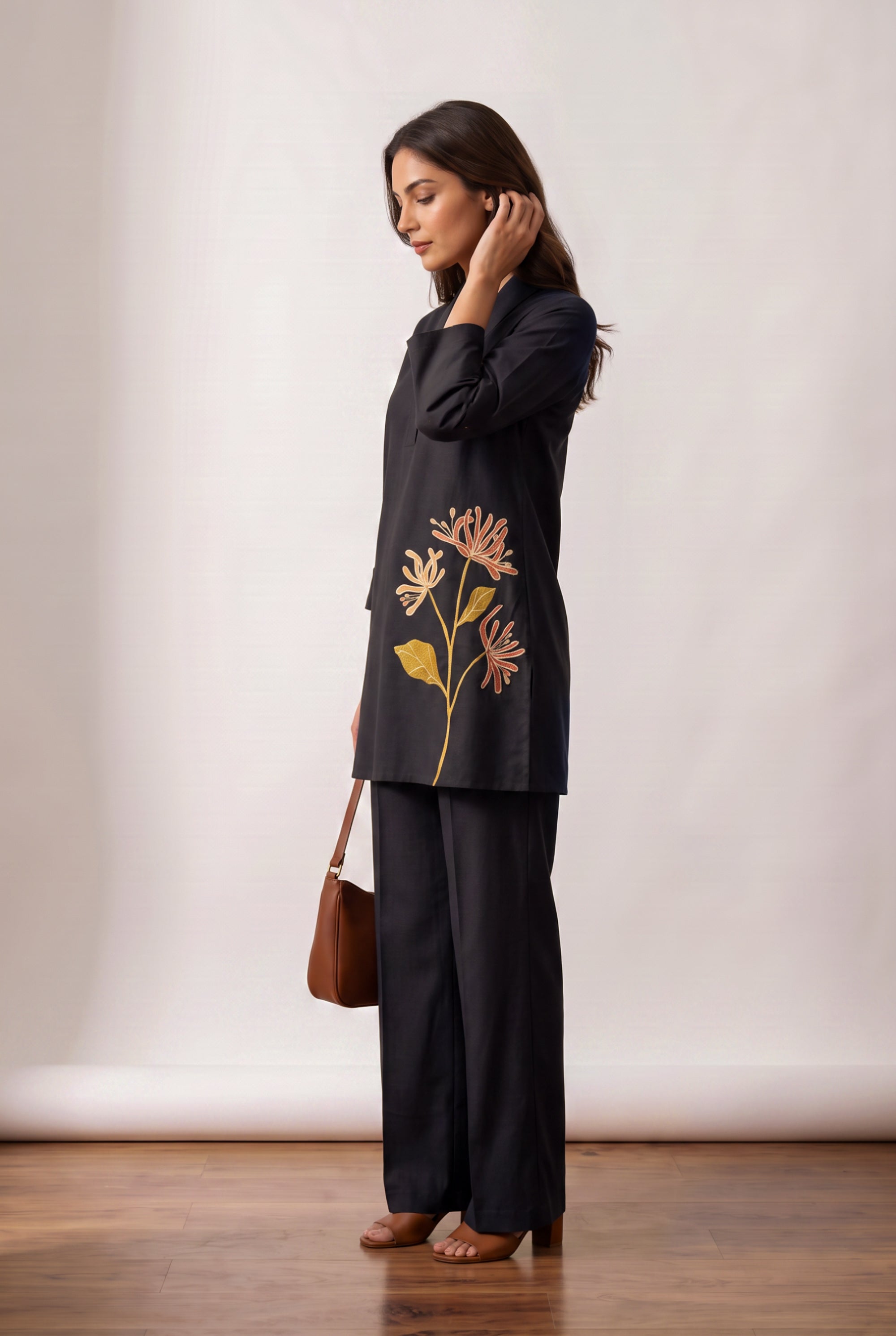 Black Floral Botanical Embroidered Cotton Co-ord Set with Lapel Collar