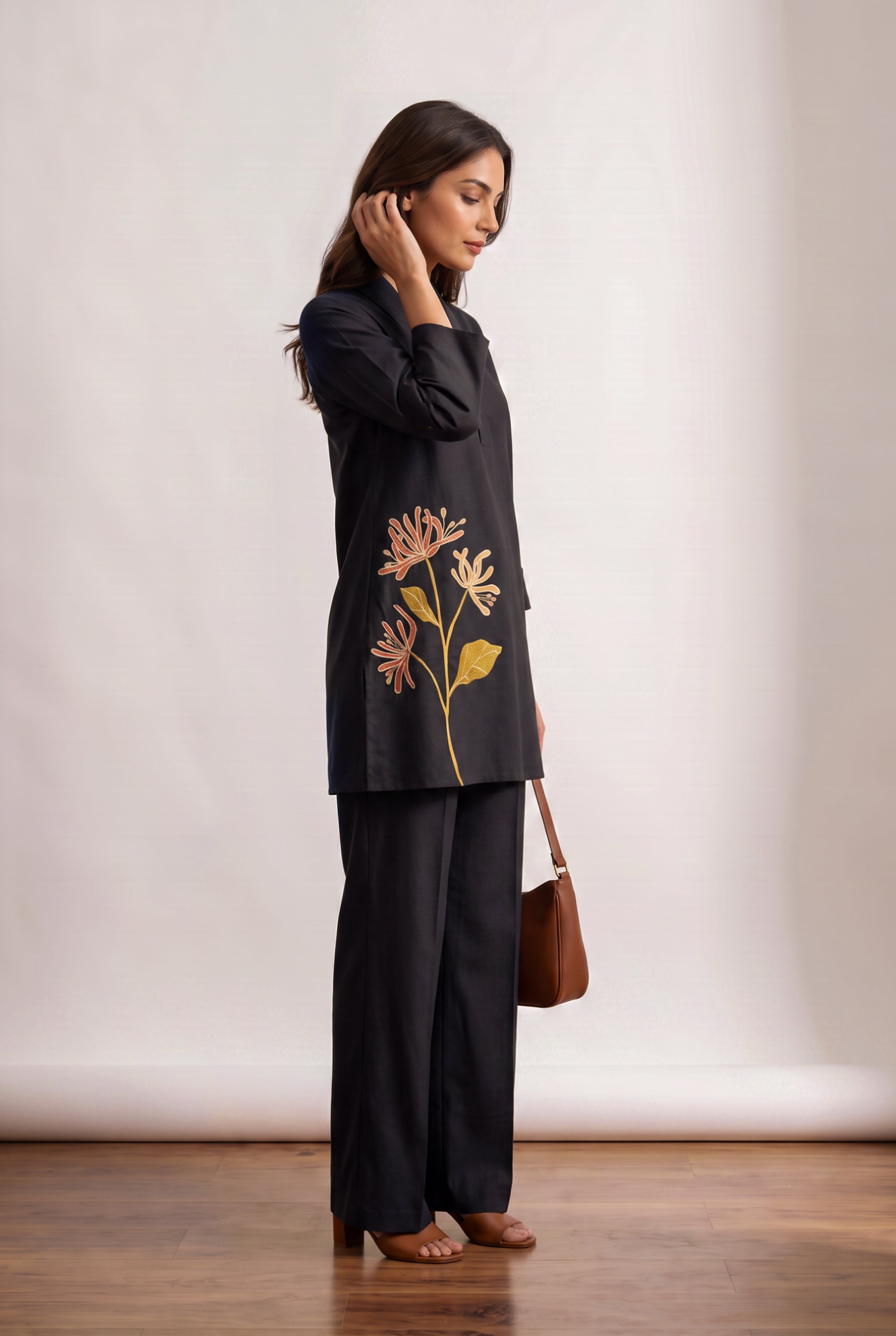 Black Floral Botanical Embroidered Cotton Flex Co-ord Set with V-Neck Lapel Collar Tunic and Straight-Fit Pants