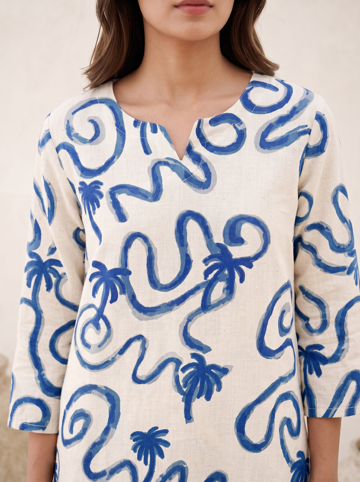 Off White Blue Wave Print Cotton Flex Co-ord Set