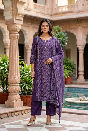 Royal Purple Heritage Printed Cotton Kurta Set with Dupatta