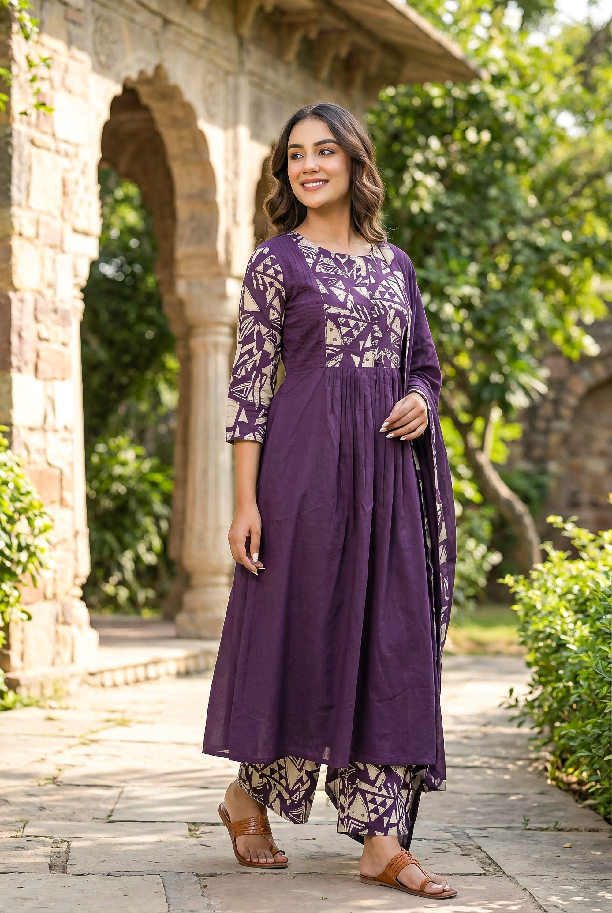 Purple Printed Cotton Kurta Set with Dupatta