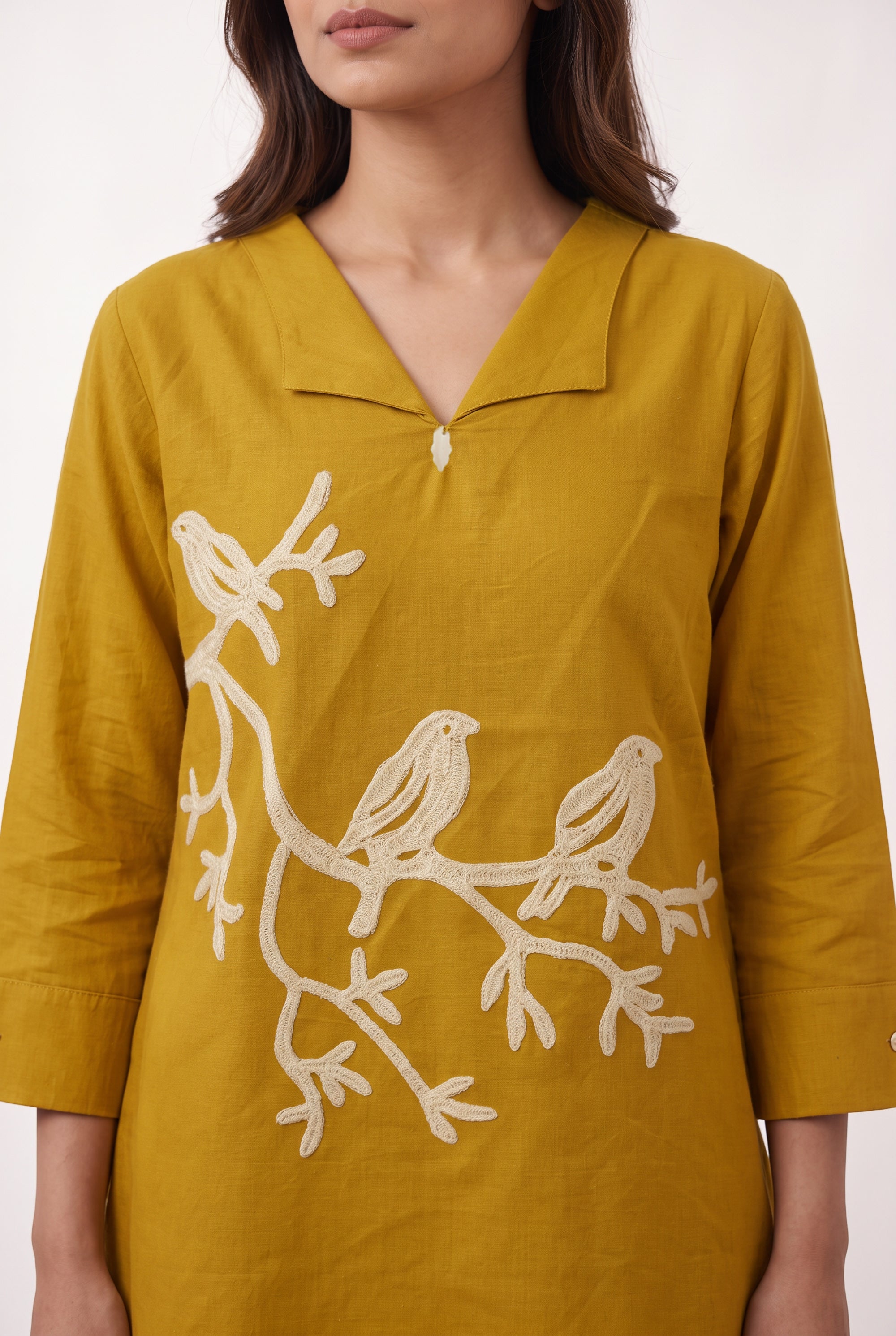 Mustard Bird Embroidered Cotton Flex Co-ord Set with V-Neck Lapel Collar Tunic and Straight-Fit Pants
