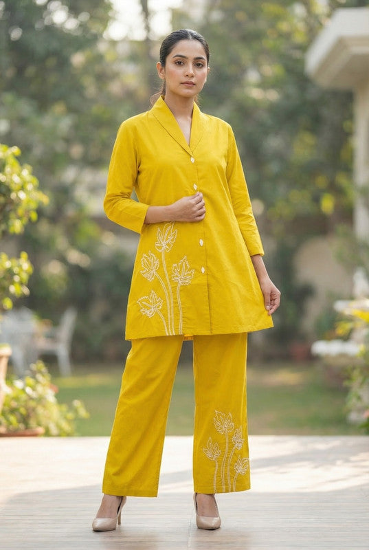 Yellow Sunbeam Leaf Embroidered Button-Down Cotton Co-ord Set