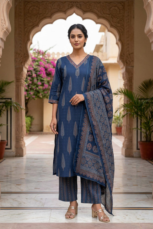 Blue Paisley Ajrakh Inspired Cotton Printed Kurta Set with Dupatta