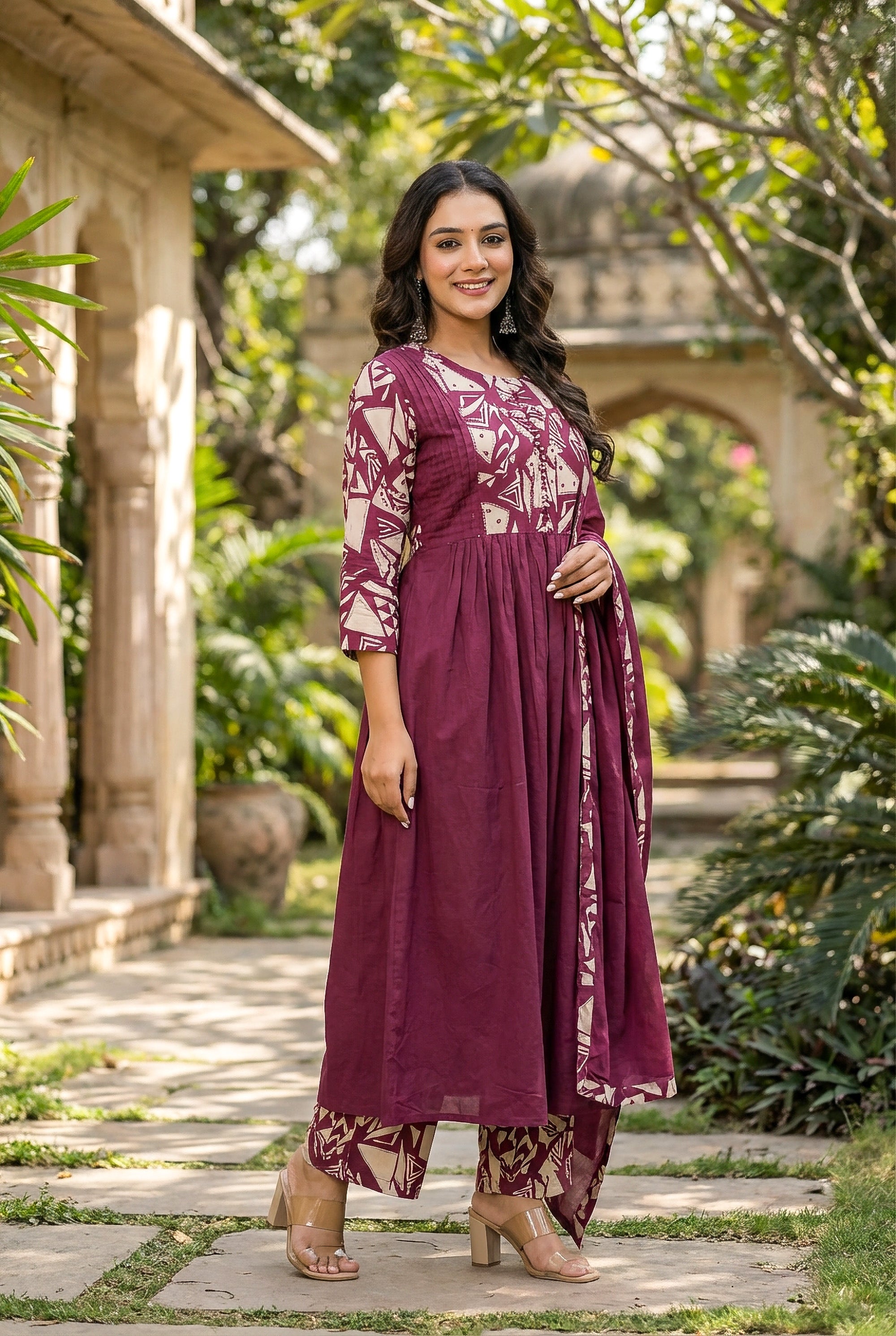 Maroon Printed Cotton Kurta Set with Dupatta