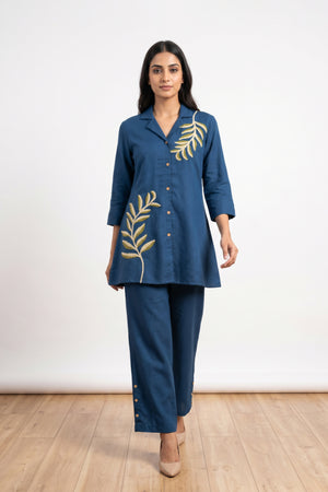 Teal Casual Chic Leaf Embroidered Cotton Co-ord Set