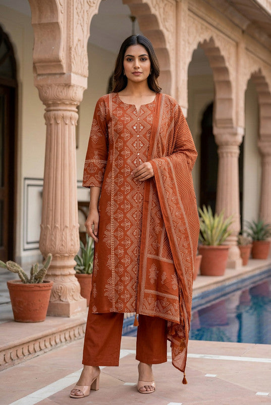 Rust Ethnic Printed Cotton Straight Kurta Pant Set with Dupatta