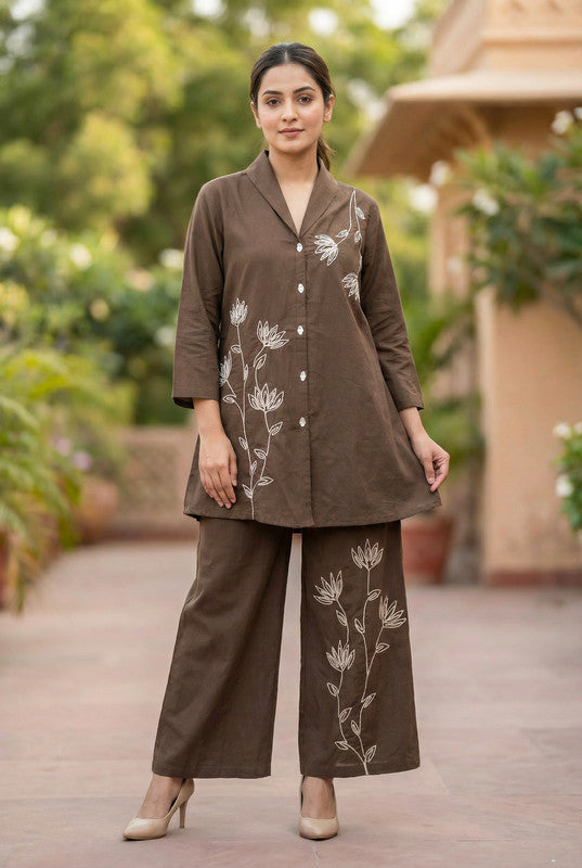 Coffee Brown Embroidered Floral Line Cotton Co-ord Set