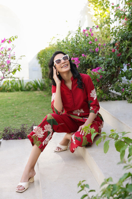 Crimson Red Lotus Cotton Co-ord Set