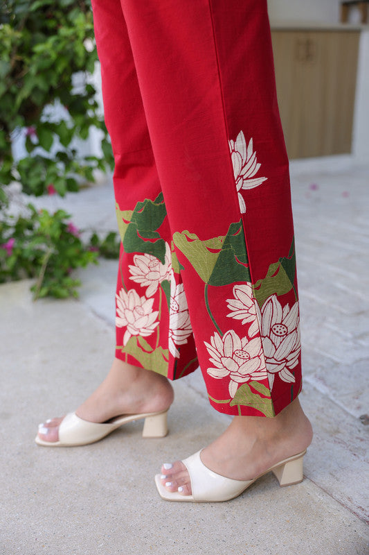 Crimson Red Lotus Cotton Co-ord Set