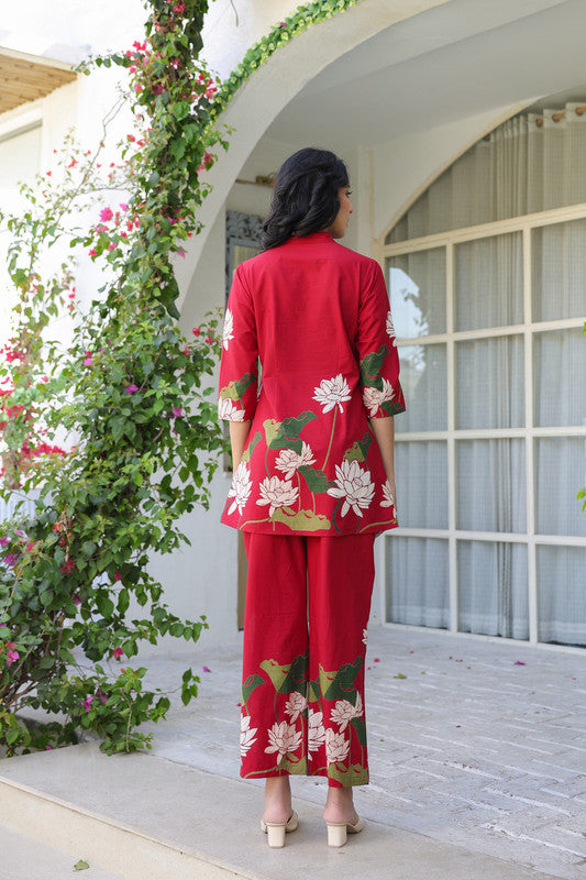 Crimson Red Lotus Cotton Co-ord Set