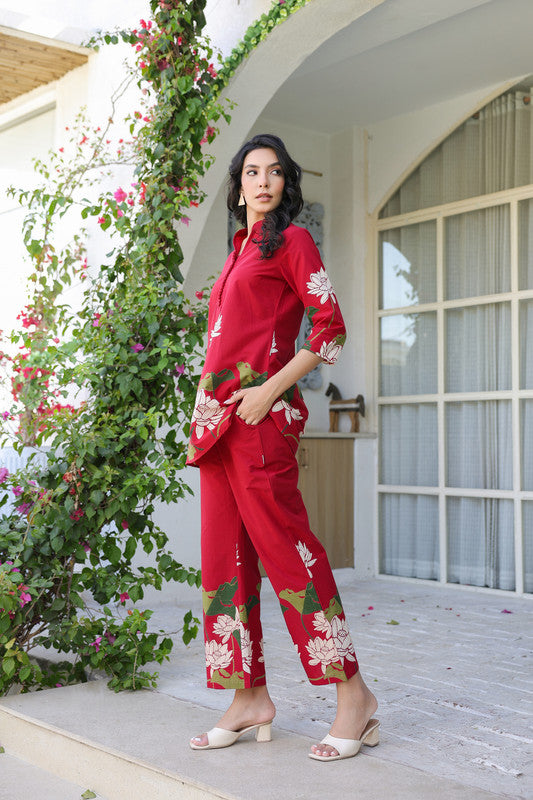 Crimson Red Lotus Cotton Co-ord Set
