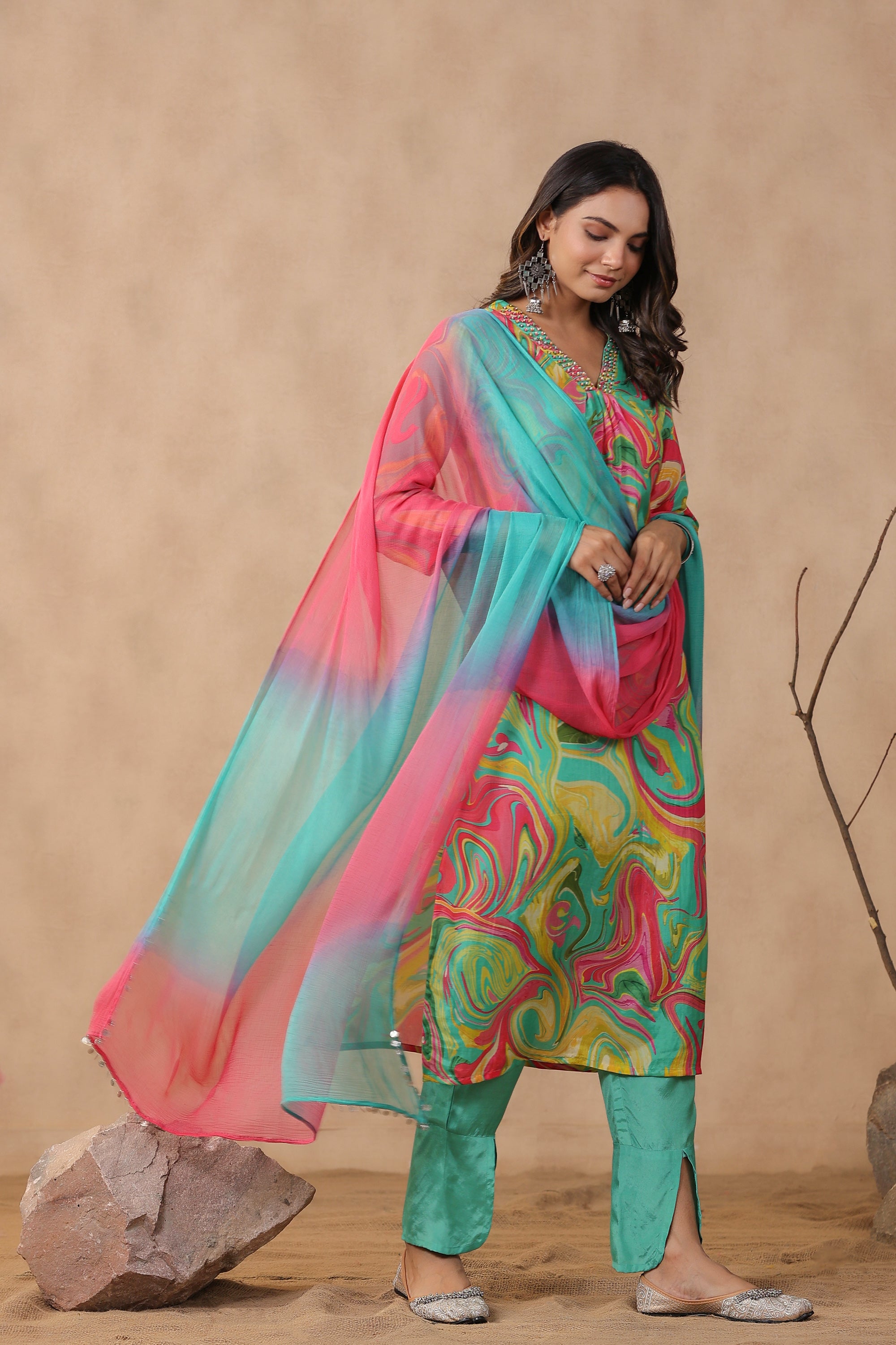 Multicolour Designer Marble Printed Russian Silk Kurta Pant Set with Dupatta