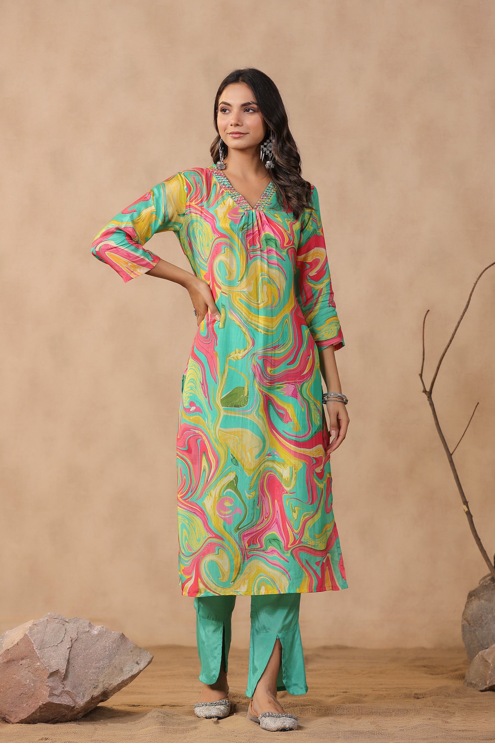 Multicolour Designer Marble Printed Russian Silk Kurta Pant Set with Dupatta