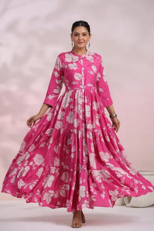 Rose Pink Floral Maxi Russian Silk Dress