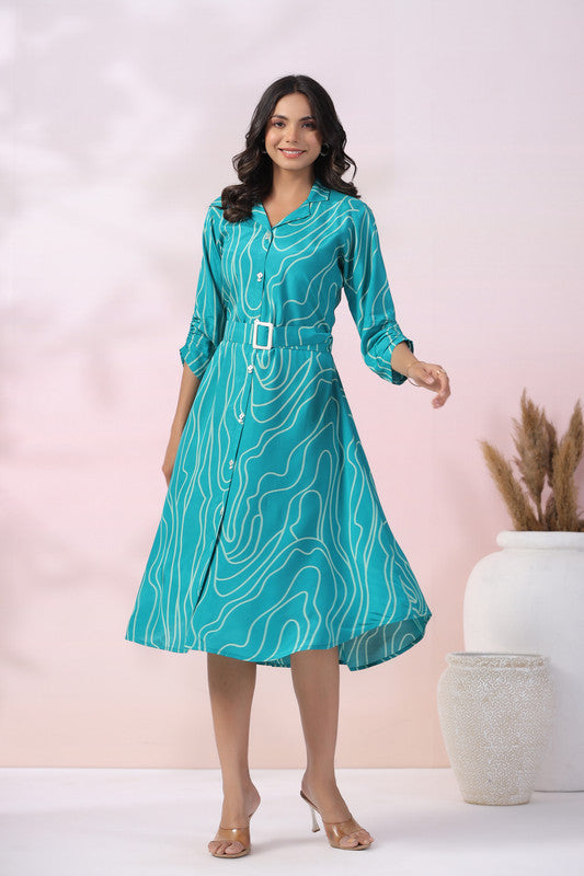 Turquoise Wave Belted Russian Silk Dress