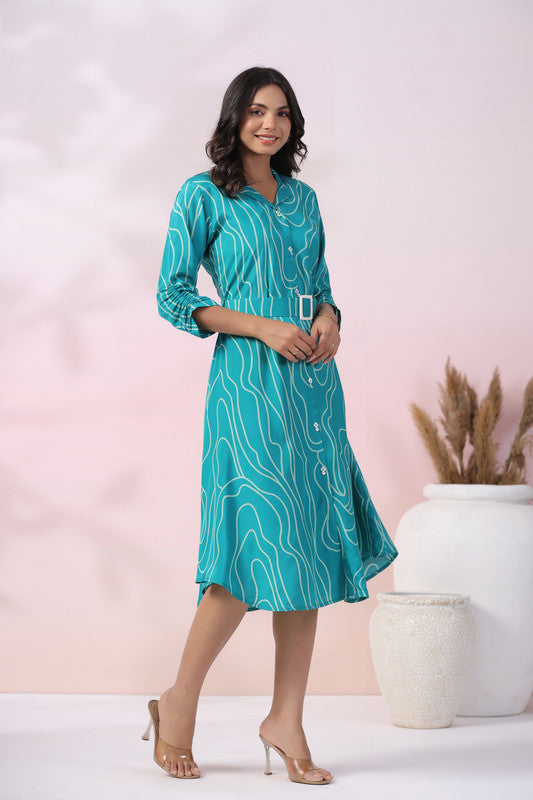 Turquoise Wave Belted Russian Silk Dress