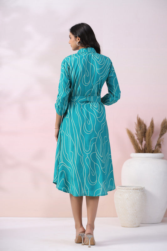 Turquoise Wave Belted Russian Silk Dress