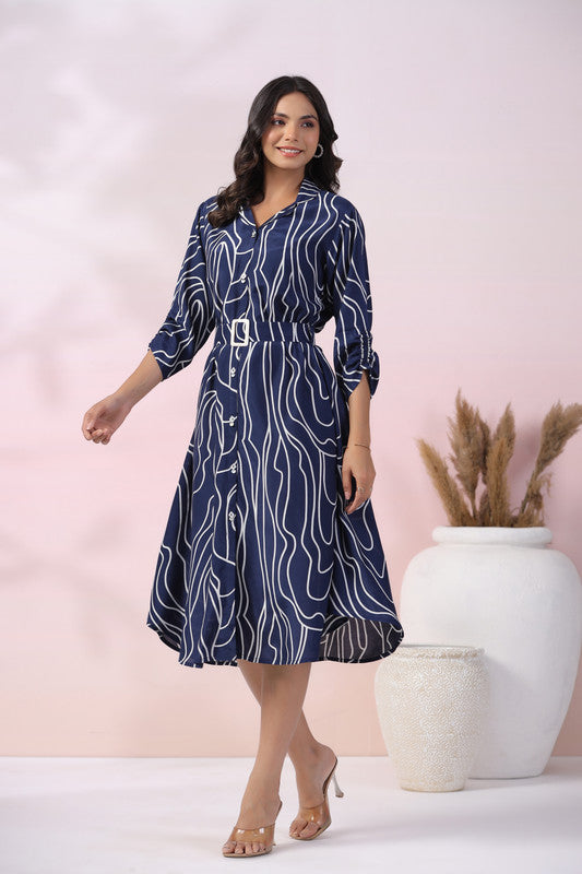 Navy Wave Belted Russian Silk Dress