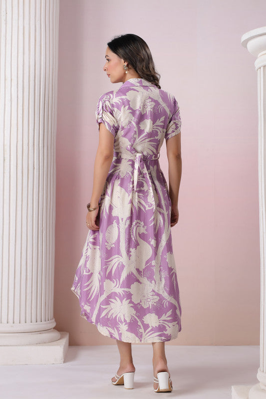 Elegant Lavender Floral Print Russian Silk Midi Dress