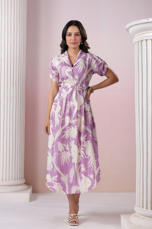 Elegant Lavender Floral Print Russian Silk Midi Dress