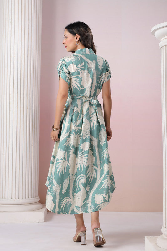 Elegant Pastel Green Leaf Print Midi Dress