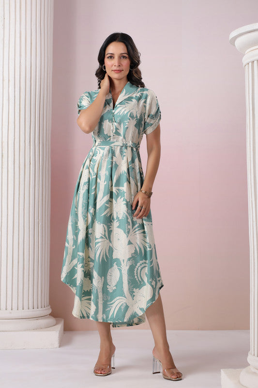 Elegant Pastel Green Leaf Print Midi Dress