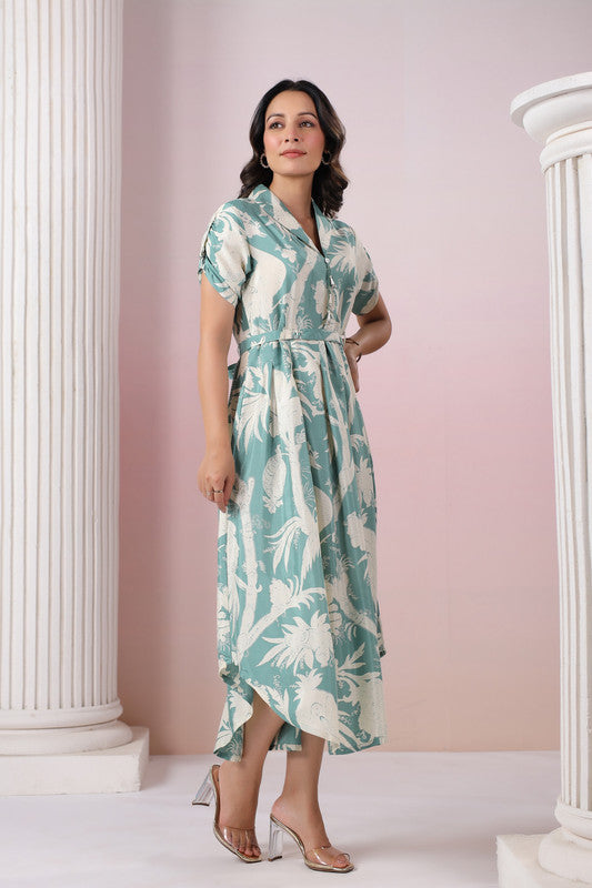 Elegant Pastel Green Leaf Print Midi Dress