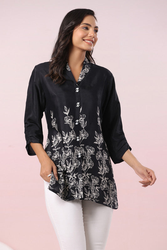 Chic Botanical Print Black Tunic Russian Silk Top