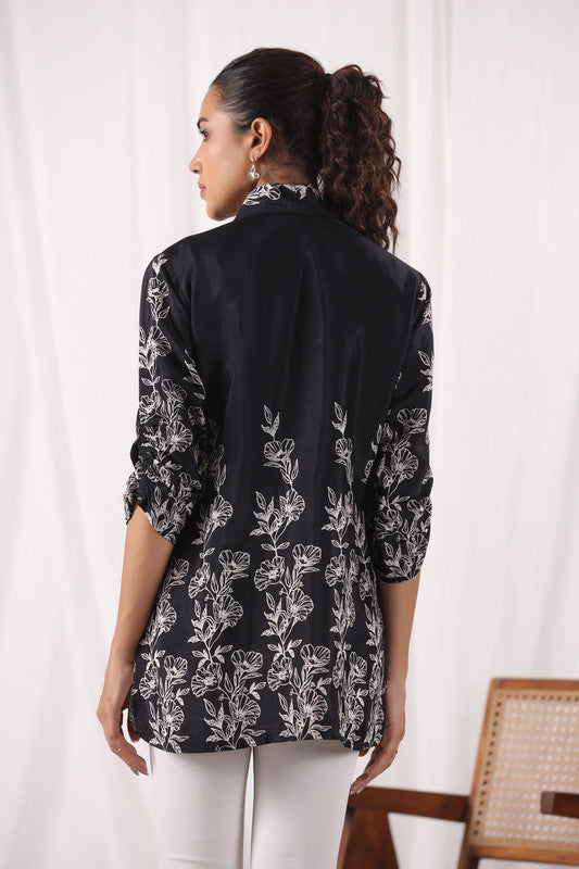 Chic Botanical Print Black Tunic Russian Silk Top