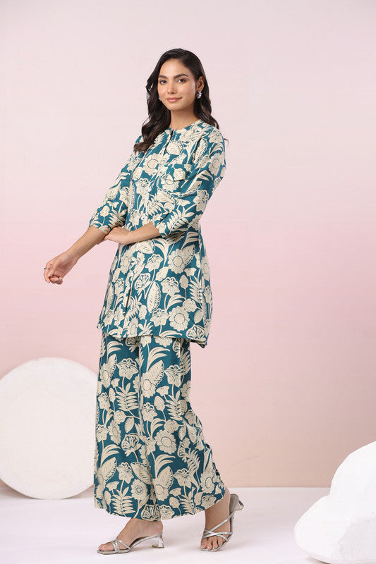 Teal Botanical Printed Russian Silk Co-ord Set