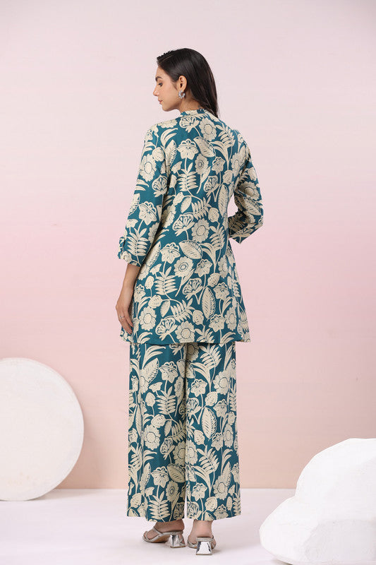 Teal Botanical Printed Russian Silk Co-ord Set