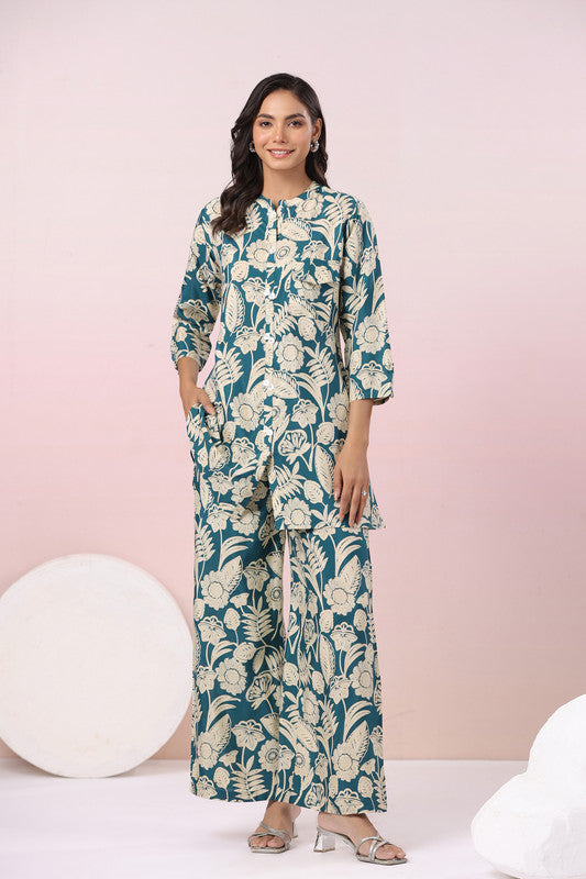 Teal Botanical Printed Russian Silk Co-ord Set