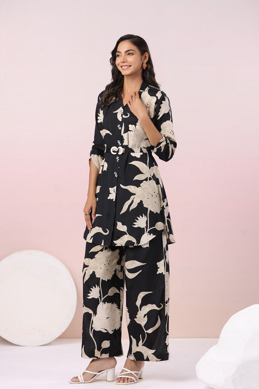 Botanical Print Black Russian Silk Co-Ord Set