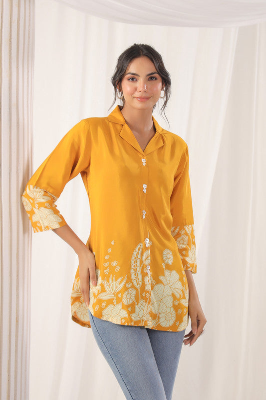 Mustard Floral Embellished Russian Silk Top