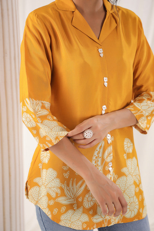 Mustard Floral Embellished Russian Silk Top