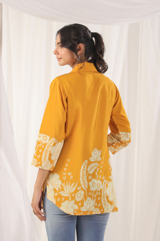 Mustard Floral Embellished Russian Silk Top