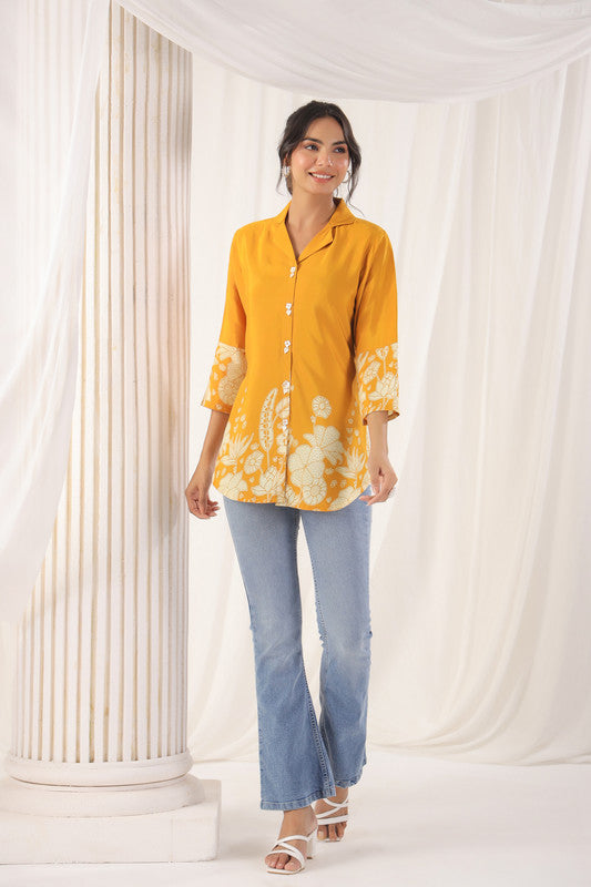 Mustard Floral Embellished Russian Silk Top