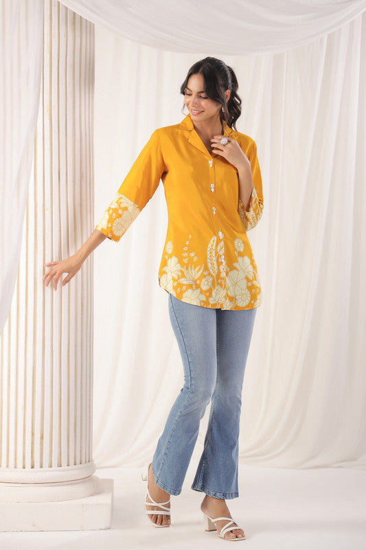 Mustard Floral Embellished Russian Silk Top