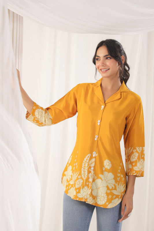 Mustard Floral Embellished Russian Silk Top