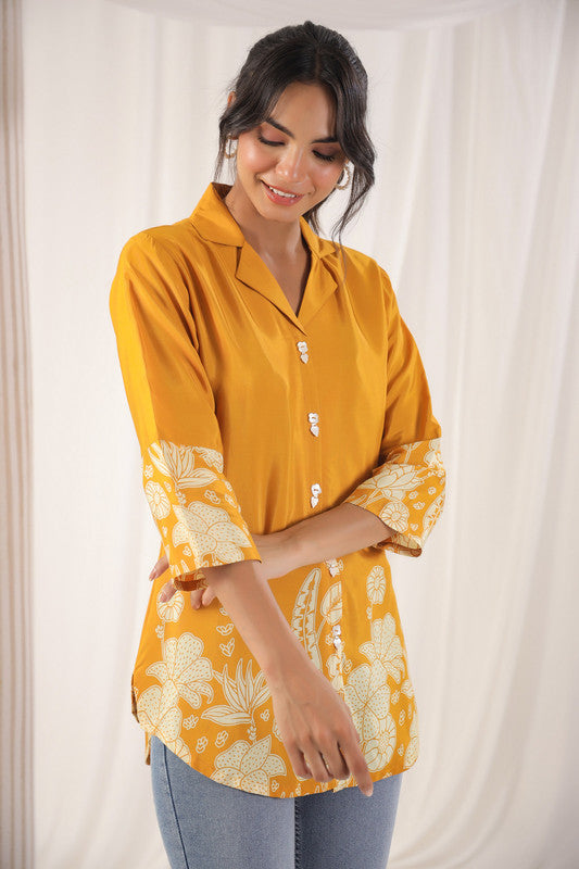 Mustard Floral Embellished Russian Silk Top