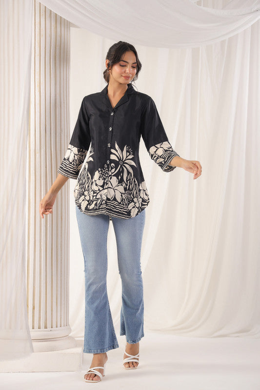 Noir Elegance Floral Print Russian Silk Top