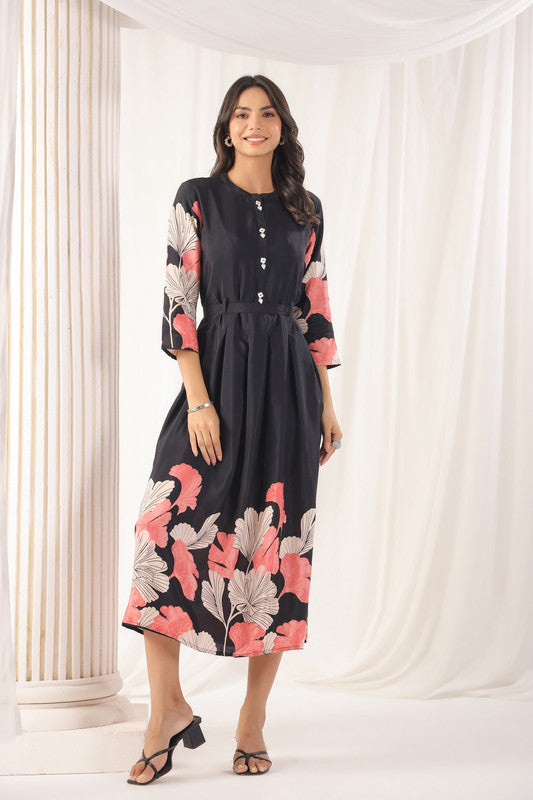 Black Floral Elegance Russian Silk Midi Dress